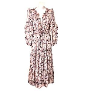 Alexis Satin Sequined Floral Peasant Flowy Pastel Pink Tiered MIDI Maxi Dress S